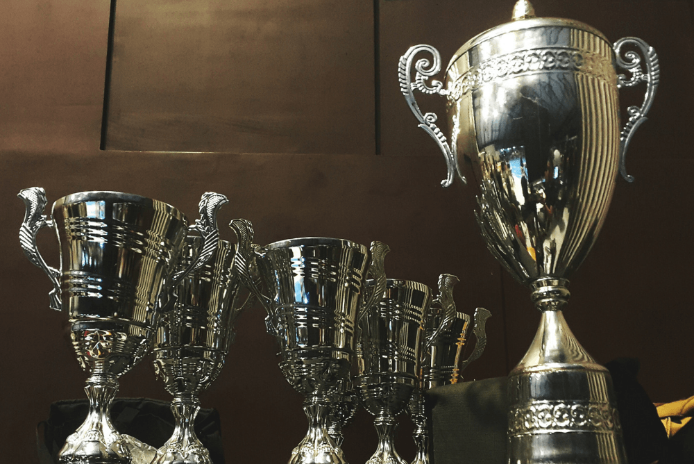 trophies in front of a wooden wall