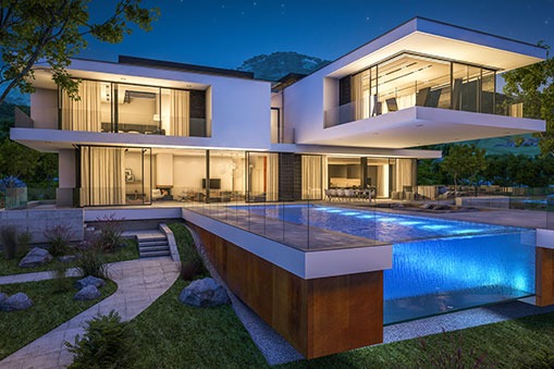 Exterior image of a modern home with infinity pool