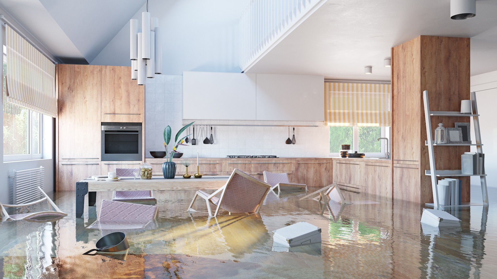 flooded kitchen with chairs floating in the water