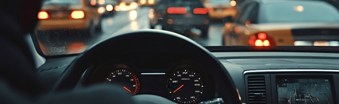 Interior shot of a person driving a car with cars on the road